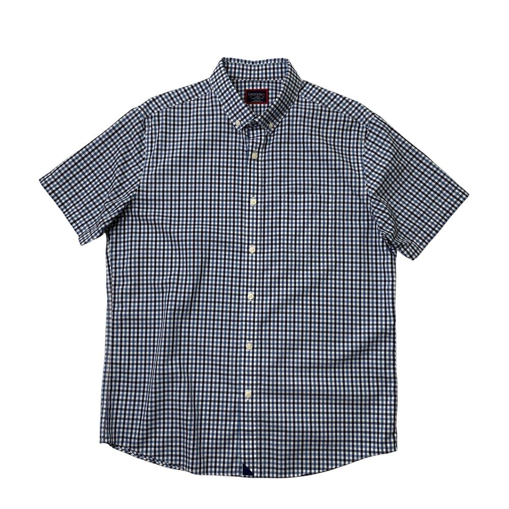 Untuckit Shirt Mens Large Blue White Melvald Wrinkle Free Slim Fit Plaid Stretch